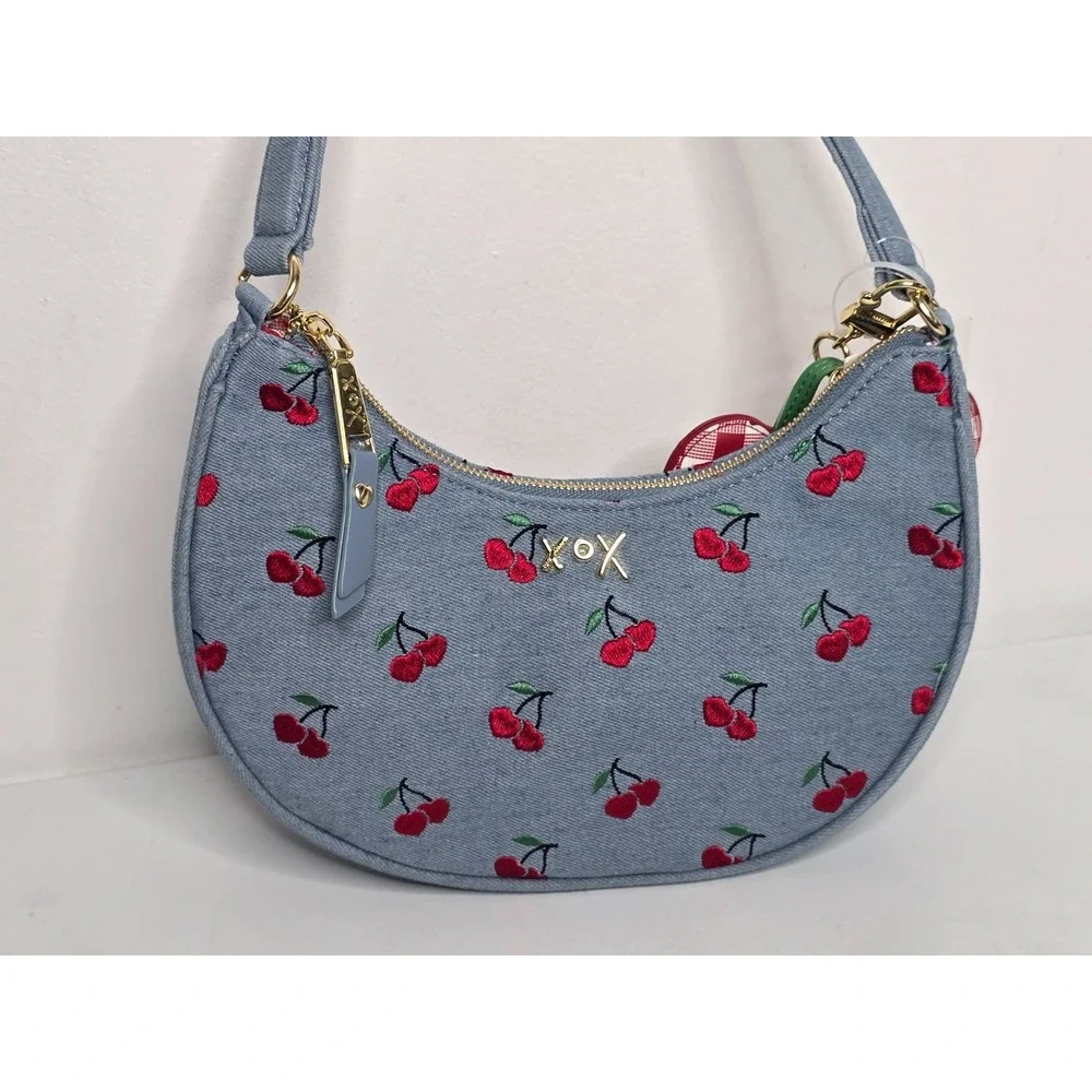 Betsey Johnson Cherry Print Crescent Hobo Bag Rock Chick Purse Denim Blue NEW